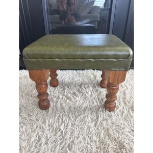 Vintage Olive Green Faux Leather Footstool Turned Wood Legs Rustic